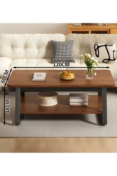 Taimi 2-Tier Wooden Coffee Table with Metal Legs, Table for Living Room and Office, 120x60x48cm - Brown