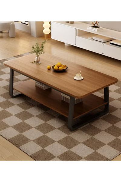 Taimi 2-Tier Wooden Coffee Table with Metal Legs, Table for Living Room and Office, 100x60x48cm - Brown