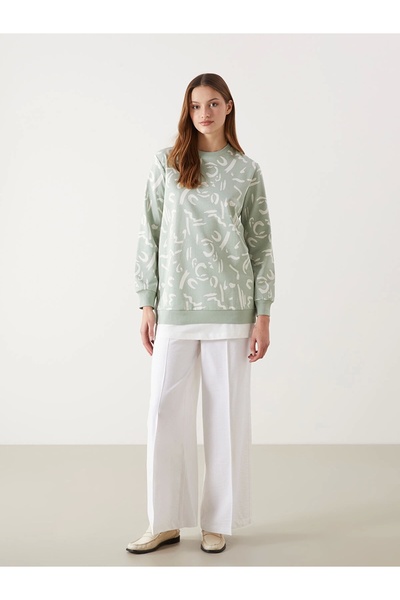 LC Waikiki Lcw Modest Green Crew Neck Print Women's Sweatshirt Tunic