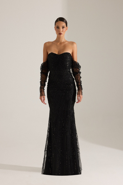 BETTY & SAM Lineta Boncuk SİYAH Gece Elbisesi