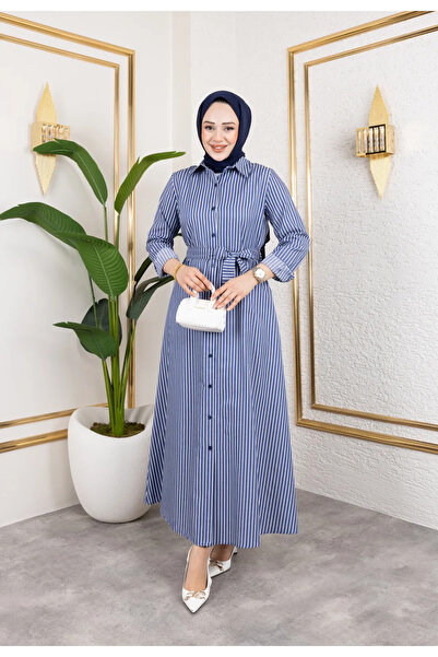 VELUNA BUTİK Kadın Mavi Uzun Beyaz Çizgili Tesettür Elbise, Kuşak Kemerli Tesettür Uzun Elbise Modeli
