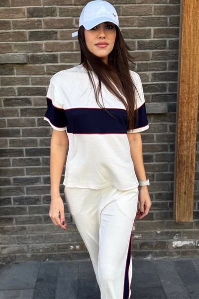 Ded COLLECTION Women's Thick Stripe Detailed Short Sleeve Wide Leg Modal Comfortable Suit