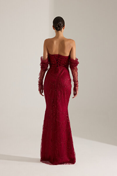 BETTY & SAM Lineta Boncuk Kırmızı Gece Elbisesi