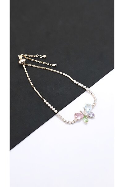 Serenity Clover Figured Colorful Zircon Stone Steel Plated Bracelet