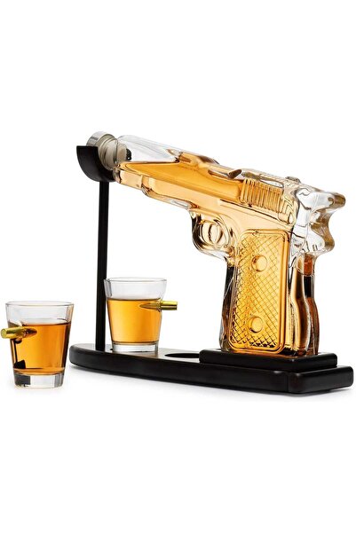 Elindor Whiskey Pistol Decanter Set 230 ml with 2 Glasses of 50 ml and Wooden Stand, Transparent