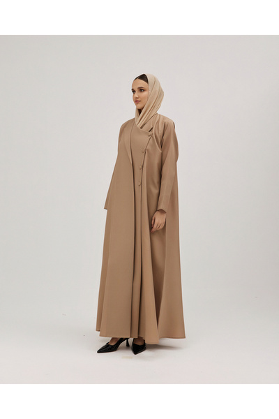 SOROSE SA Beige linen wrap abaya, half-cloche, with luxurious side buttons