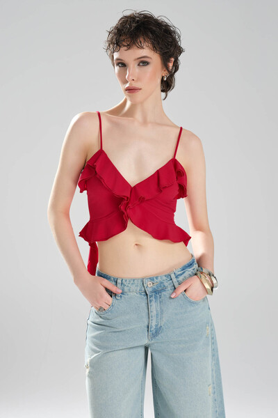 tw3 Women's Strap Ruffle Detailed Design Crop Blouse