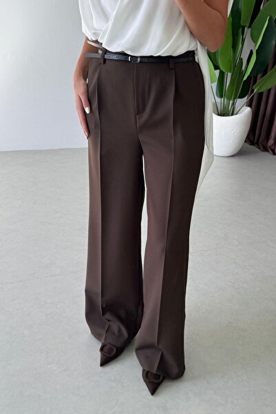 ECEMİ Polie Kahve Çift Kemerli Palazzo Pantolon