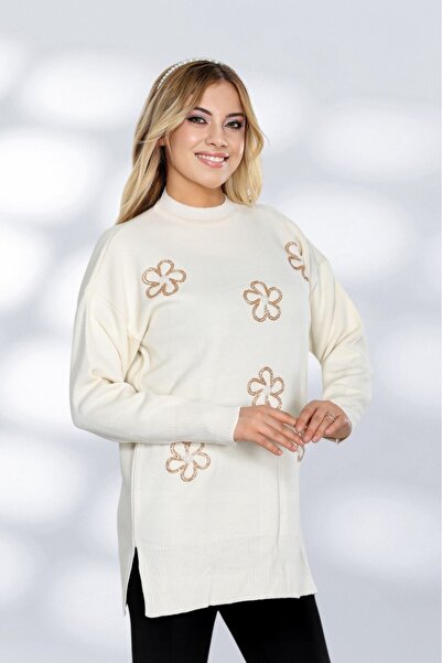 NEWCO Floral Stone Κεντημένο Μακρυμάνικο Πλεκτό Μπλουζάκι Κομψό και Άνετο Κατάλληλο για Καθημερινά Συνδυασμούς