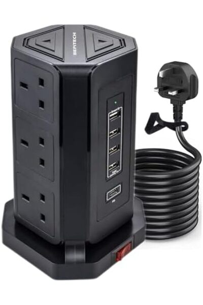 BEPITECH كابل تمديد برج الطاقة 14 في 1، شريط 9 منافذ طاقة رأسية، 18 وات PD سريع USB-C و4 منافذ U