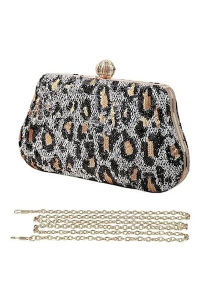 One Derya Occasion Clutch Bag, Sequined Leopard, Vintage Design, Elegant, Silver