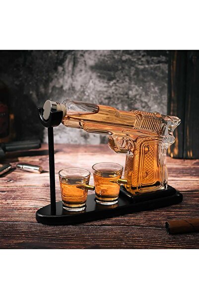 Elindor Whiskey Pistol Decanter Set 230 ml with 2 Glasses of 50 ml and Wooden Stand, Transparent