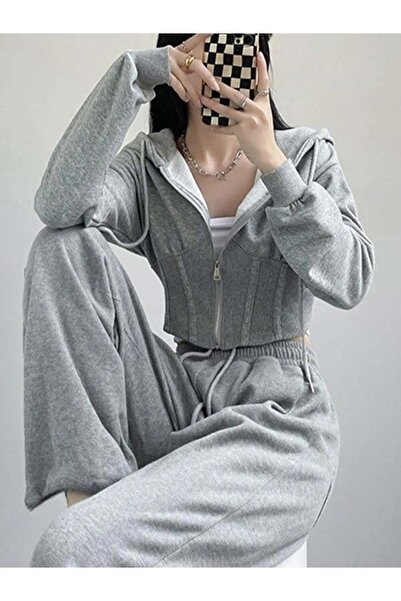 Gofeel Gri Korse Kesim Uzun Kollu Kapüşonlu Gri Bol Kesim Relaxed Eşofman Takımı