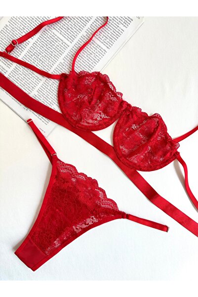 kiari Lace Underwire Uncovered Balconette Bra Thong Underwear Set