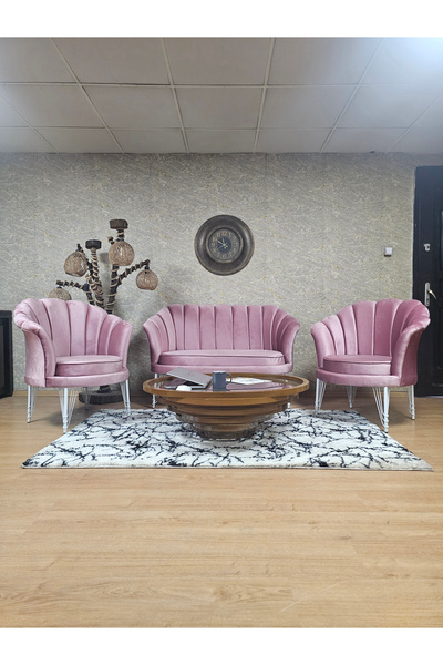 ZAFİR İstiridye Takım Beyaz Boyalı Telli Ayak Çay Seti Koltuk Takımı