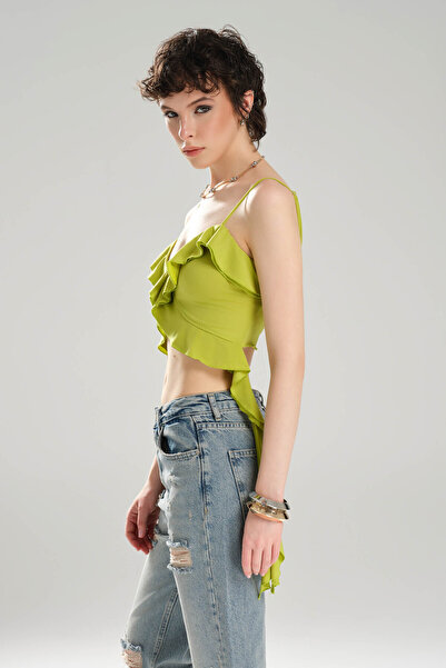 tw3 Women's Strap Ruffle Detailed Design Crop Blouse