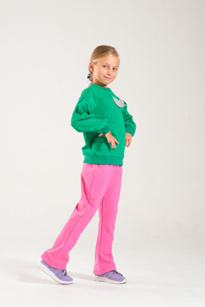 Classio Kids Girl's 100% Cotton Owersize Sweat and Lycra Two Thread Grass Detail Pants Set