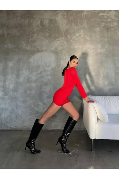 Pinella Butik Madonna Yaka Mini Elbise 1025 - Kırmızı
