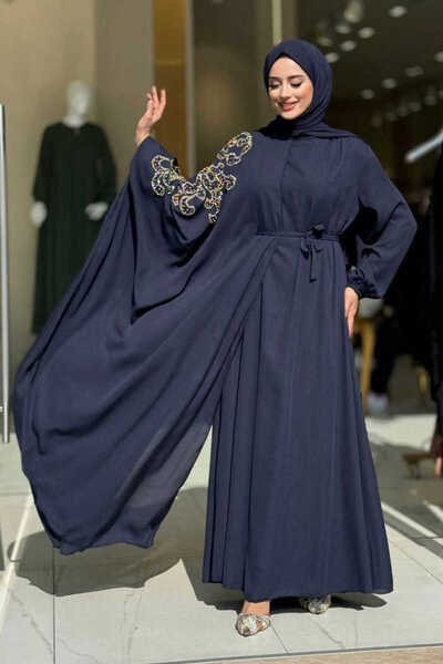 Bym Fashion Taş Detay Pelerinli Elbise Takım 3939 Lacivert