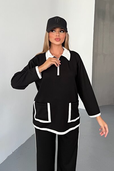 FEMELLE Black Modal Fabric Cotton Double Suit Women - Comfortable Stylish Bottom Top Suit - Zipper Collar Pocket