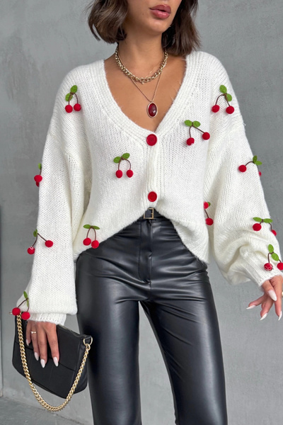 Lusin Women's White Cherry Accessory Knitwear Cardigan