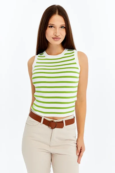 CHOS7N Women's Striped Knitwear Square Neck Crop Tank Top – Green White Strap Blouse