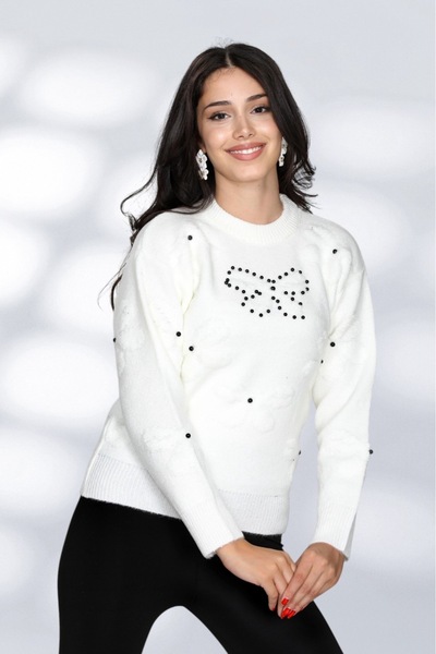 NEWCO Knitwear Fabric Long Sleeve Stoned Cudele Patterned Relaxed Fit Women's Sweater