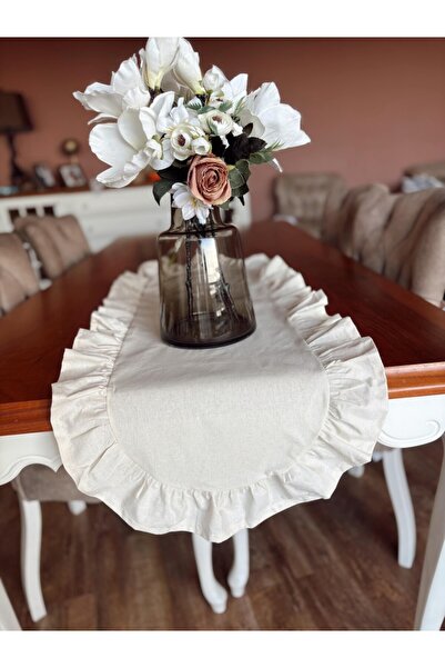NURGİTA HOME Natürel Ham Keten Fırfırlı Oval Runner 40x90 cm