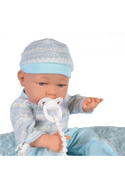 Moni Baby Doll 41cm Baby Boy Blue, with knitted jumpsuit, hat, swaddling blanket and pacifier