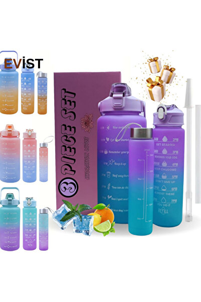 EVİST Evist- 3 Pieces & Colorful=300-900-2000Ml) Motivational Water Bottle (w...