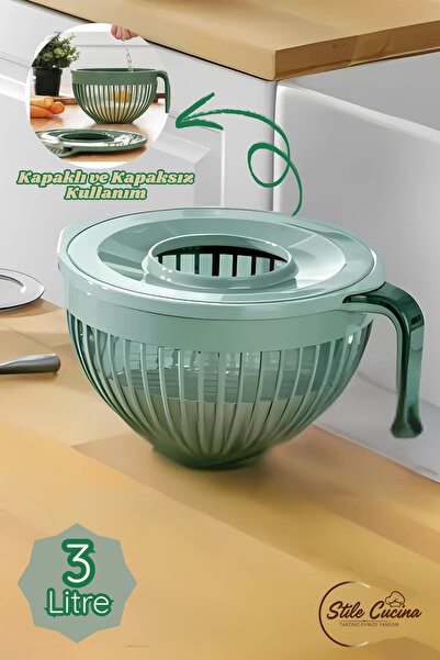 Stile Cucina Linea Mixing Bowl and Rice Strainer 3 Liters – with Lid, Durable and Practical Kitchen Utensil Green