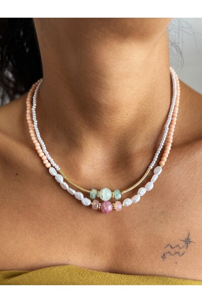 dela otantik Handmade Double Row Bohemian Women's Necklace - Bohemian Ethnic Beaded Bijoux Jewelry - Green & Pink Options