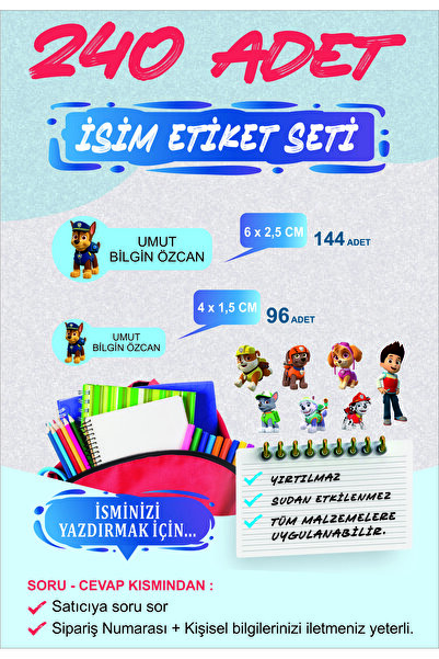 Baskı Madeni Okul Etiketi - paw patrol Temalı Kalem Defter Etiketi - Özel İsi...