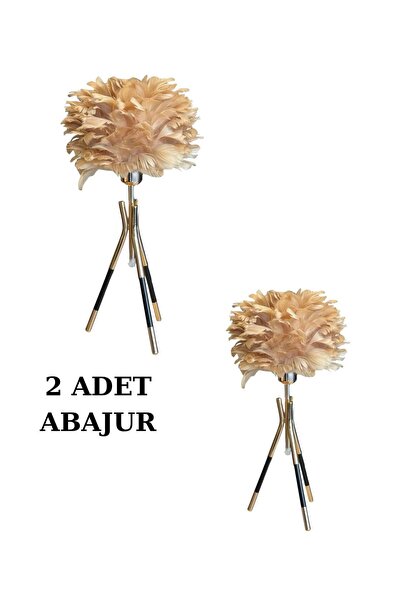 HRD STORE KUŞ TÜYLÜ, ŞIK, MODERN, TRİPOD AYAKLI ABAJUR SET KREM 2' Lİ