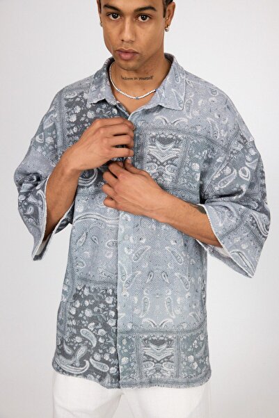 İLKCET MODA Yarım Kol Dijital Desenli Oversize Gömlek