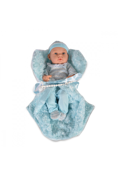 Moni Papusa Bebelus 41cm Baby Boy Blue, cu salopeta tricotata, caciulita, paturica de infasat si suz