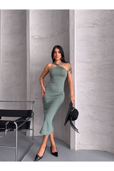 dolu butik Cross Neck Midi Dress with Accessories
