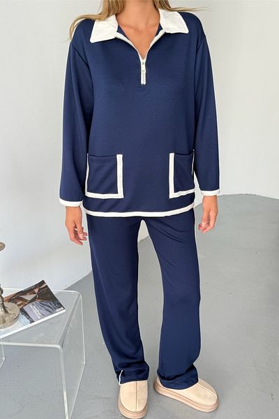 FEMELLE Navy Blue Modal Fabric Cotton Double Suit Women - Comfortable Stylish Bottom Top Set - Zipper Collar Pocket