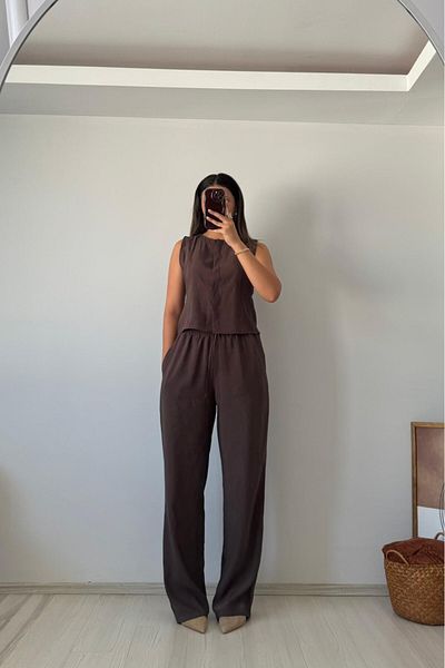 Güneş Brown Basic Sleeveless Blouse & Wide Leg Pants Set