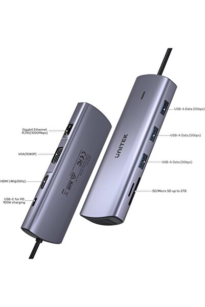 Unitek D1113A 9-in-1 USB-C Hub – HDMI, VGA, Ethernet, SD, PD 100W