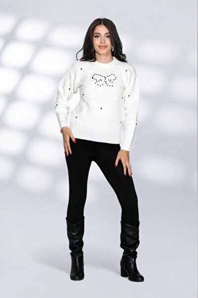 NEWCO Knitwear Fabric Long Sleeve Stoned Cudele Patterned Relaxed Fit Women's Sweater