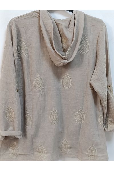 AKŞEN GİYİM Large Size 100% Cotton Linen Embroidery Detailed 80 cm Basen Covering Boyda Hooded Jacket