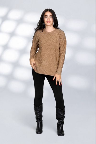 NEWCO Pearl Stone Detailed Knitted Patterned Loose Knitwear Sweater Crew Neck Comfortable Fit Stylish Daily Model