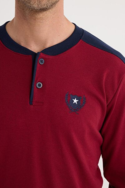 Tudors Erkek Regular Fit Pamuklu Düğmeli Yaka Beli Lastikli Desenli Bordo Pijama Takımı