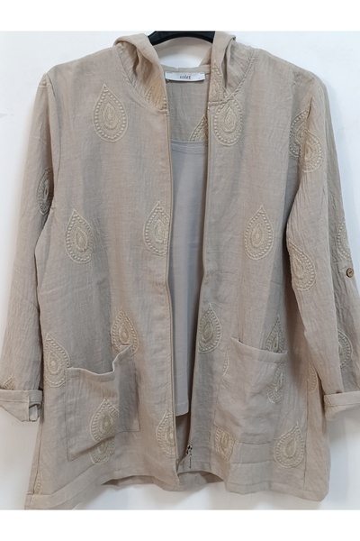 AKŞEN GİYİM Large Size 100% Cotton Linen Embroidery Detailed 80 cm Basen Covering Boyda Hooded Jacket