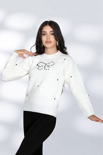 NEWCO Knitwear Fabric Long Sleeve Stoned Cudele Patterned Relaxed Fit Women's Sweater