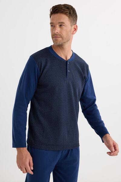 Tudors Men's Regular Fit Cotton Button Collar Elastic Waist Patterned Indigo Pajama Set
