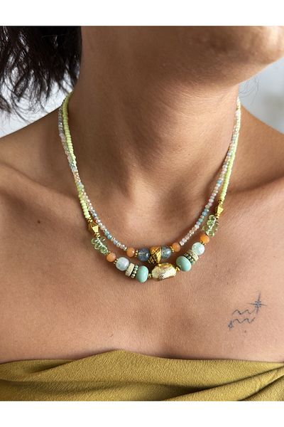 dela otantik Handmade Double Row Bohemian Women's Necklace - Bohemian Ethnic Beaded Bijoux Jewelry - Green & Pink Options
