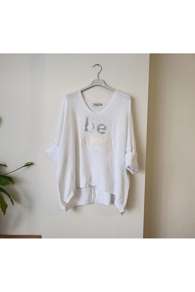 Butik Şans Be Happy Written Sequin Detailed Italian Knitwear Sweater