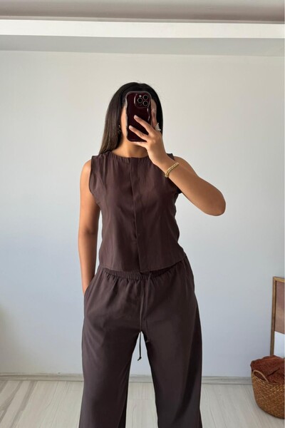 Güneş Brown Basic Sleeveless Blouse & Wide Leg Pants Set